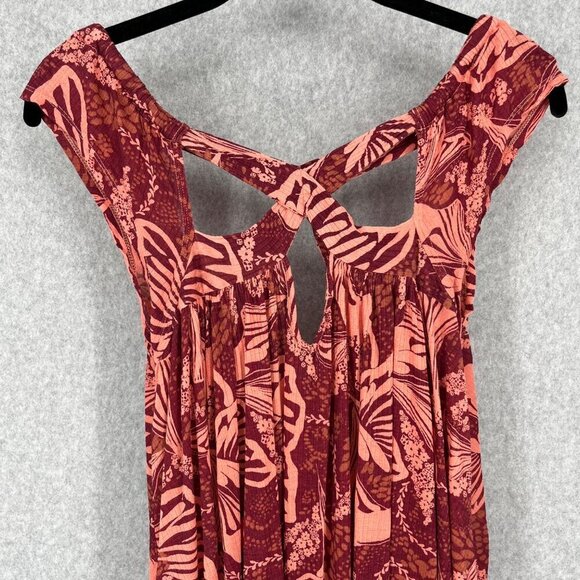 Free People Sugar Cane Strappy Top Size XS Floral Red Pink Boho Asymmetrical EUC - Picture 2 of 13